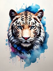 Logo. Head of a beautiful tiger drawn in watercolor. Fantasy.
