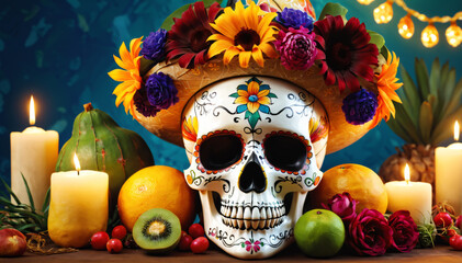 Festive Dia de los Muertos Altar with Sugar Skull