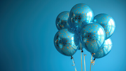 Blue gold foil balloons on a pastel blue background card with copy space