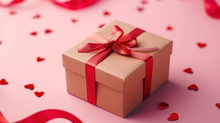  a brown gift box with a red bow and a red ribbon on a pink background with red hearts and streamers of confetti on the floor of confetti.