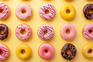 Fototapeta na wymiar Sweet tasty background of colorful donuts. Top view.