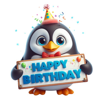 Cute Animal 3D Penguin Holding 'Happy Birthday' Board and Wearing Party Cap Cartoon: Isolated on Transparent Background - Clipart PNG Sticker Design