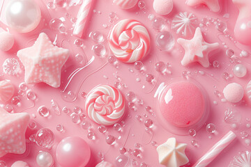 Sweet tasty background of light pink marshmallows, gummies and candies. Top view.