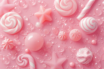 Sweet tasty background of light pink marshmallows, gummies and candies. Top view.