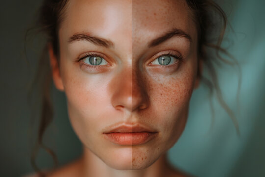 Side by side face comparison of a woman with bad skin on one side and clear skin on the other