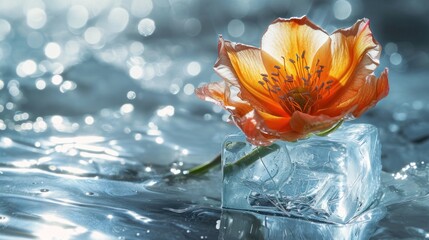  a single orange flower sitting on top of an ice block in a body of water with drops of water on top of the ice cubes and on the surface.