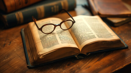 vintage reading glasses on open book education, knowledge and study