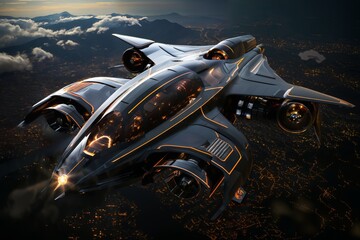 futuristic flying vehicle over the city, aerial view, cityscape, sky at sunset, aerial transportation