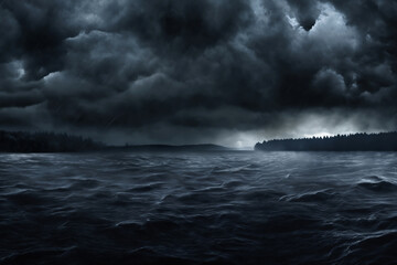 Obraz premium night landscape, dark dramatic stormy sky with cumulus clouds over forest and river, for abstract background