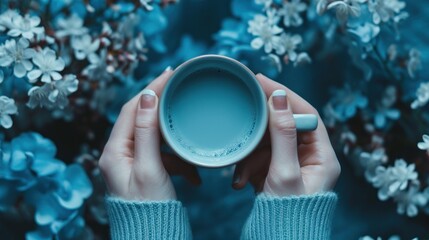  a woman's hands holding a cup of coffee in front of a blue and white background with small white flowers on the left and right side of the cup.