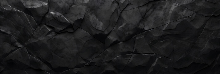 Wide black stone background banner wallpaper design. Dark rock grunge texture. Mountain surface close-up cracked empty copy space - obrazy, fototapety, plakaty