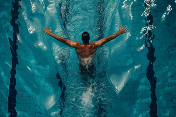 Aerial Top View Male Swimmer Swimming in Swimming Pool Professional Determined Athlete Training for the Championship using Butterfly Technique Top View Shot