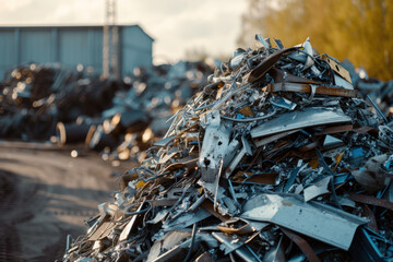 Pile of scrap metal at recycling plant - obrazy, fototapety, plakaty