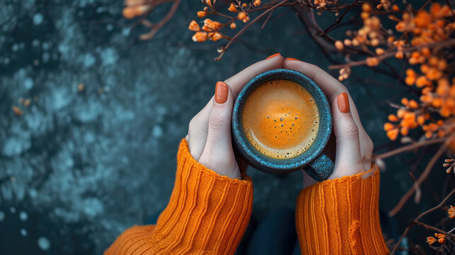  a person holding a cup of coffee in front of a tree with orange leaves on it and the top of the cup has a brown substance in the middle of the cup.