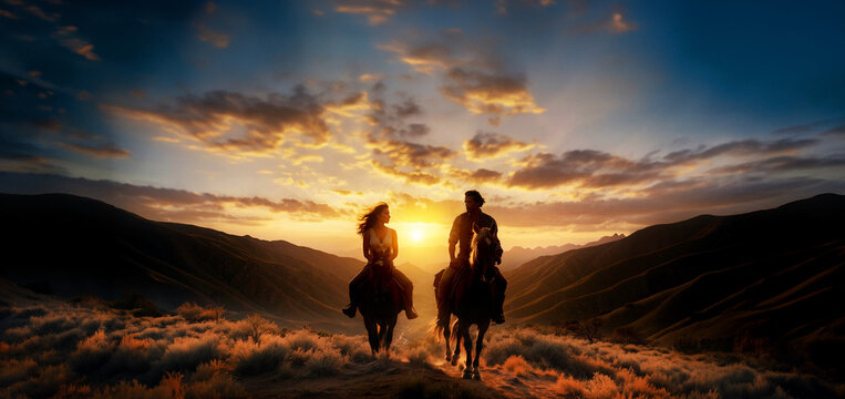 A romantic scene of a man and woman riding on horseback, their hair blowing in the wind as they traverse a rugged mountain trail at sunset.