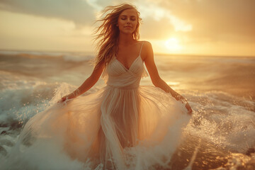 Young and beautiful woman enjoying in the sea