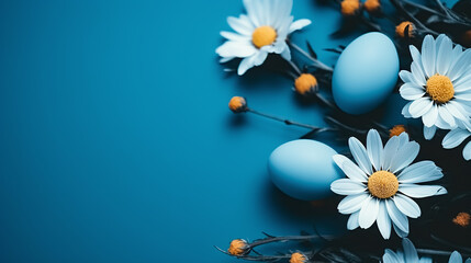 Blue easter eggs and daisies on blue background. Top view with copy space. Greeting card on an Easter theme. Happy Easter concept.