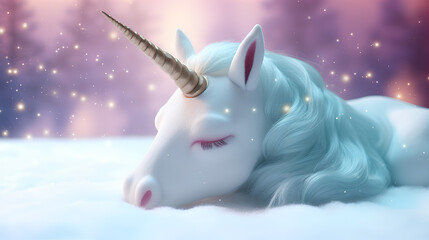 Unicorn sleeping in the snow.