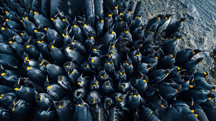  a large group of black birds standing next to each other on top of a pile of rocks next to a body of water with yellow and black dots on them.