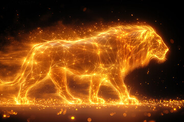 A sparkling fiery golden silhouette of a lion on a black background. The symbol of the zodiac sign is leo. Ai generative..