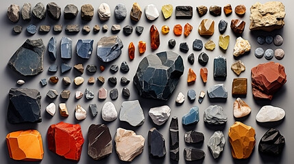 Collection of various gemstones and minerals neatly laid out on a gray background. Top view.