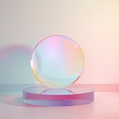 Stylish podium with iridescent sphere and pastel gradients, offering a futuristic and creative atmosphere for product showcasing