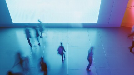 Obraz premium Dynamic blur of people walking past a glowing rectangular display, encapsulating the fast pace of urban life and technology