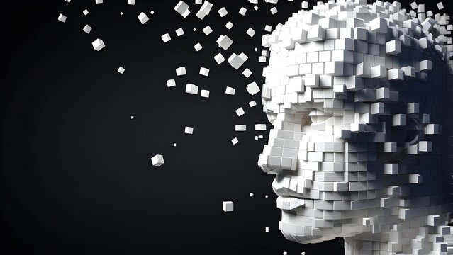 Voxel digital human head illustration artificial abstract, face 3d, tech virtual, design background 3d digital human heada
