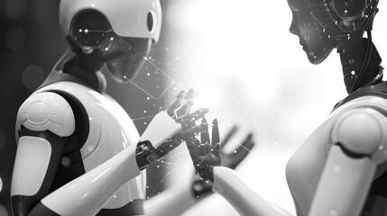 Touch robot on the digital network utilizing AI and blockchain technology. Black and white photography. Copy space