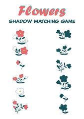 Spring shadow matching activity game for children. Simple educational game for kids with spring flowers. Find the correct silhouette. Printable vector worksheet for children