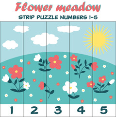 Counting numbers from 1 to 5 activity. Cut and complete. Spring educational crafting game with spring flower meadow. Fun math puzzle activities for kids. Vector worksheet for children