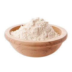 pile of finely dry organic fresh raw barley flour powder in wooden bowl png isolated on white...