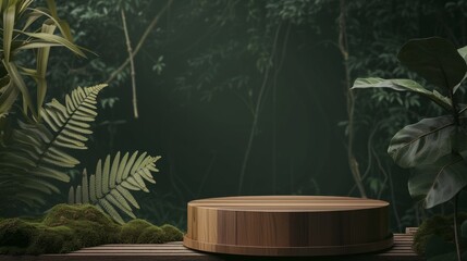 Wooden podium surrounded by lush ferns and tropical leaves, ideal for product display in natural settings