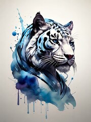 Logo. The head of a blue tiger is painted in watercolor. Fantasy.