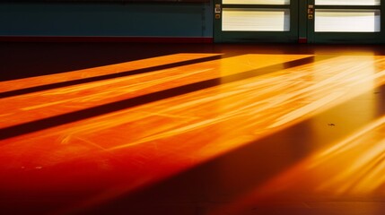 Dynamic orange shadows on gym floor suggesting movement, ideal for sports product mock-up and energetic themes