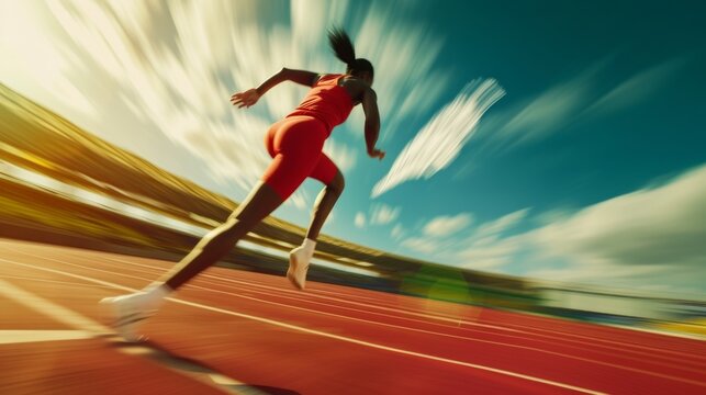 Motion blur of a female sprinter on the track, capturing the essence of speed, competition, and dynamic sports action
