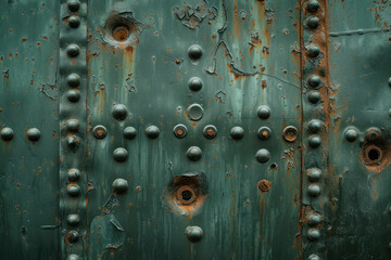 Old metal green military armor background with bullet holes