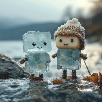Cute ice block couple depicts romantic love and affection in winter, close-up object on blurred background, good for gift, affection, blog, web, business etc. Generative Ai