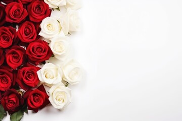 White roses with red roses on white background, love symbol with copy space, Valentine's day,...