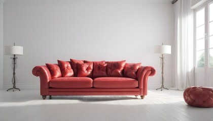 Red sofa and puff in modern design living room 