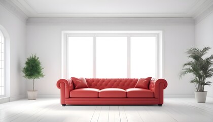 Red sofa in an empty white room, white parquet floor 