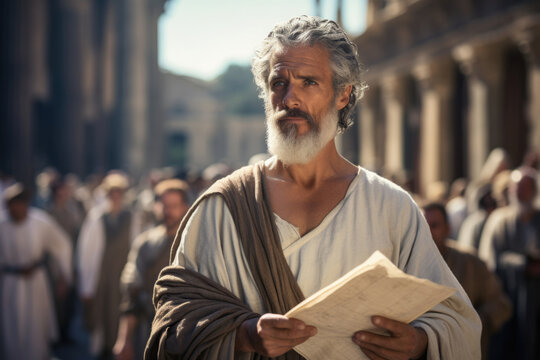 Saint Paul the Apostle holding the New Testament written on parchment paper (Generative AI)