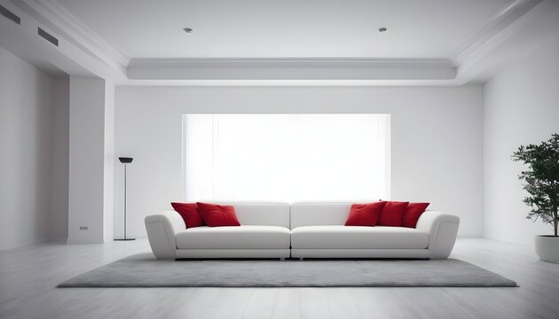 modern living room with wide white sofa red cushions