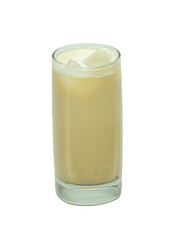 Latte macchiato coffee in a transparent glass cup with ice cubes isolated on a white background 