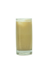 Latte macchiato coffee in a transparent glass cup with ice cubes isolated on a white background 