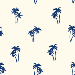 Fototapeta na wymiar Half drop seamless repeat pattern with ditsy navy blue palm tree silhouettes on cream. Men, boys, sophisticated tropical, pool, beach, shirt print and more.