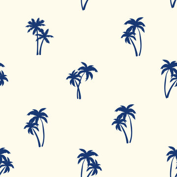 Half drop seamless repeat pattern with ditsy navy blue palm tree silhouettes on cream. Men, boys, sophisticated tropical, pool, beach, shirt print and more.