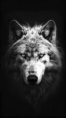 Intense Black and White Wolf Illustration with Striking Blue Eyes, Perfect for Smartphone Wallpaper and Graphic Design Use