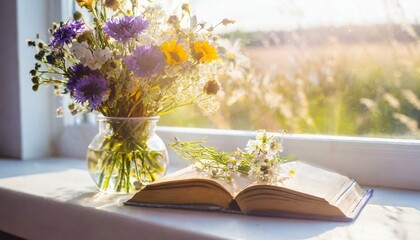 flowers and book on sunny windowsill