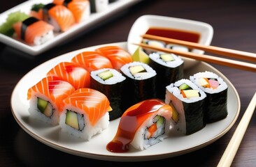 Tasty sushi set with chopsticks